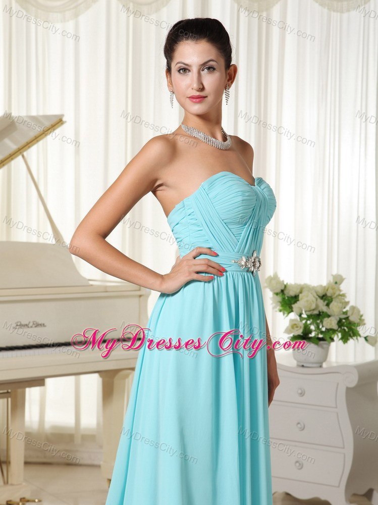 Aqua Blue Ruched Prom Dress Chiffon Brush Train and Cool Back