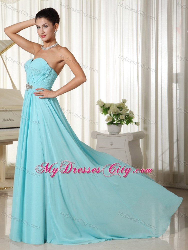 Aqua Blue Ruched Prom Dress Chiffon Brush Train and Cool Back