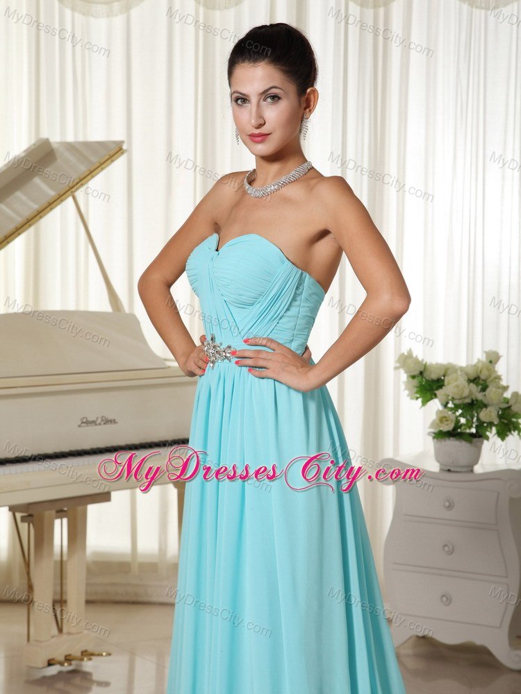 Aqua Blue Ruched Prom Dress Chiffon Brush Train and Cool Back