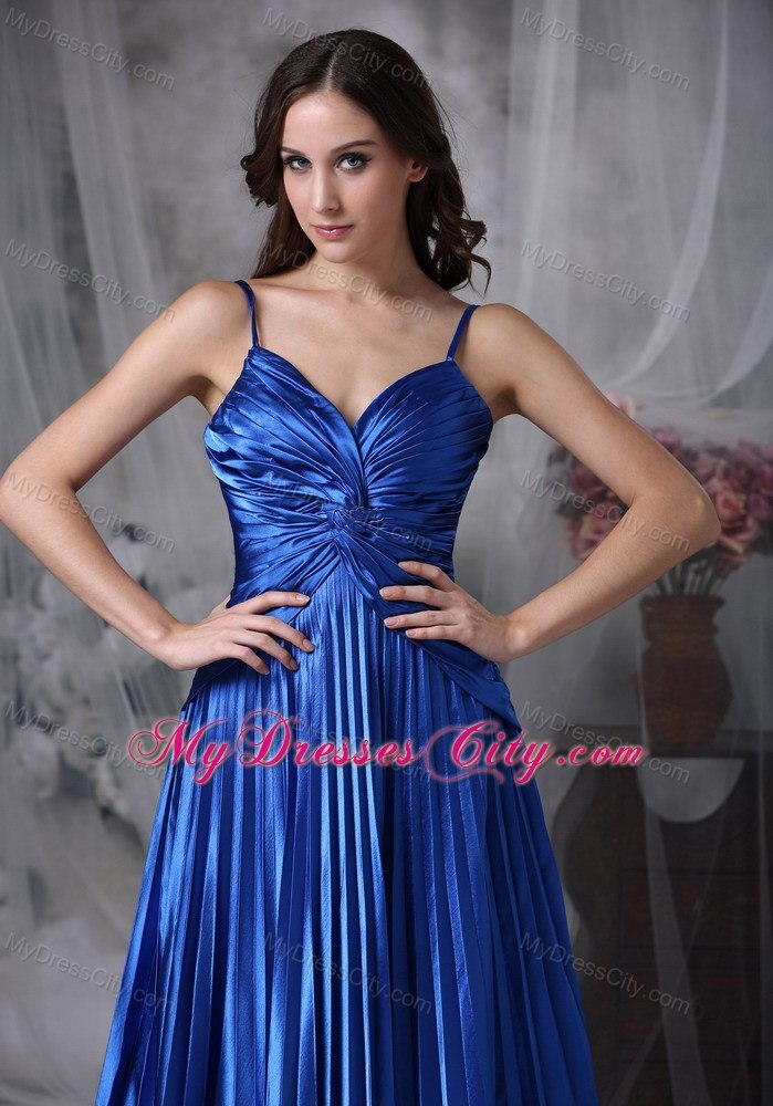 Royal Blue A-line Straps Floor-length Evening Dress with Ruching