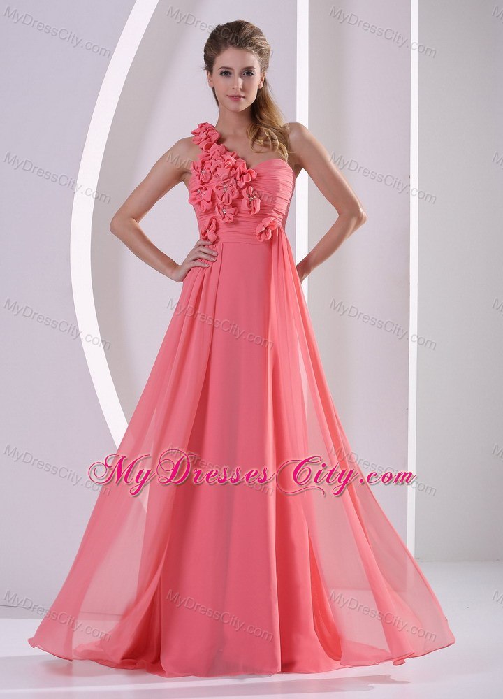 One Shoulder Strap Watermelon Evening Dress With Brush Train