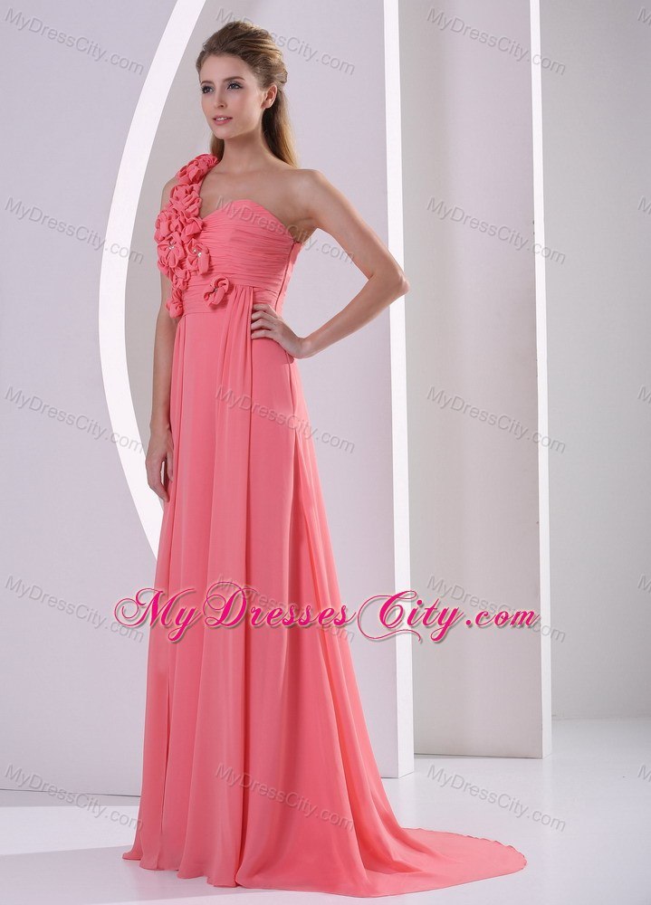 One Shoulder Strap Watermelon Evening Dress With Brush Train