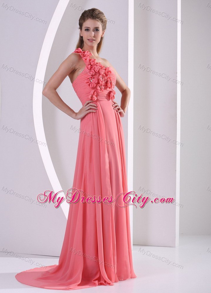 One Shoulder Strap Watermelon Evening Dress With Brush Train