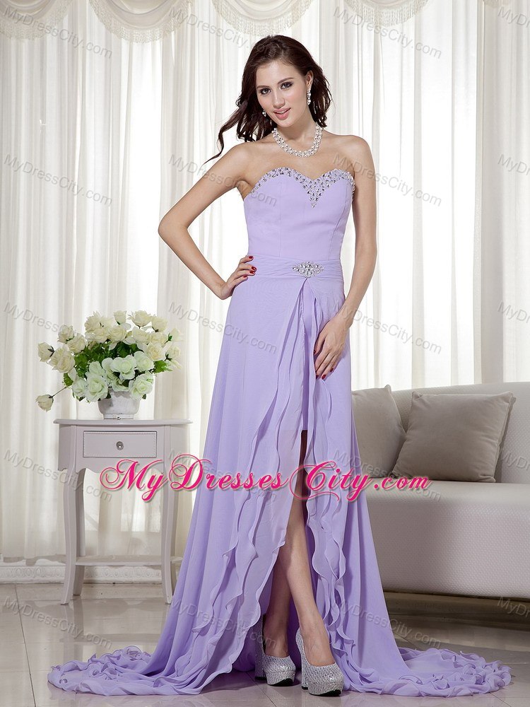 Lilac High Low Chiffon Prom Dress Sweetheart with Brush Train