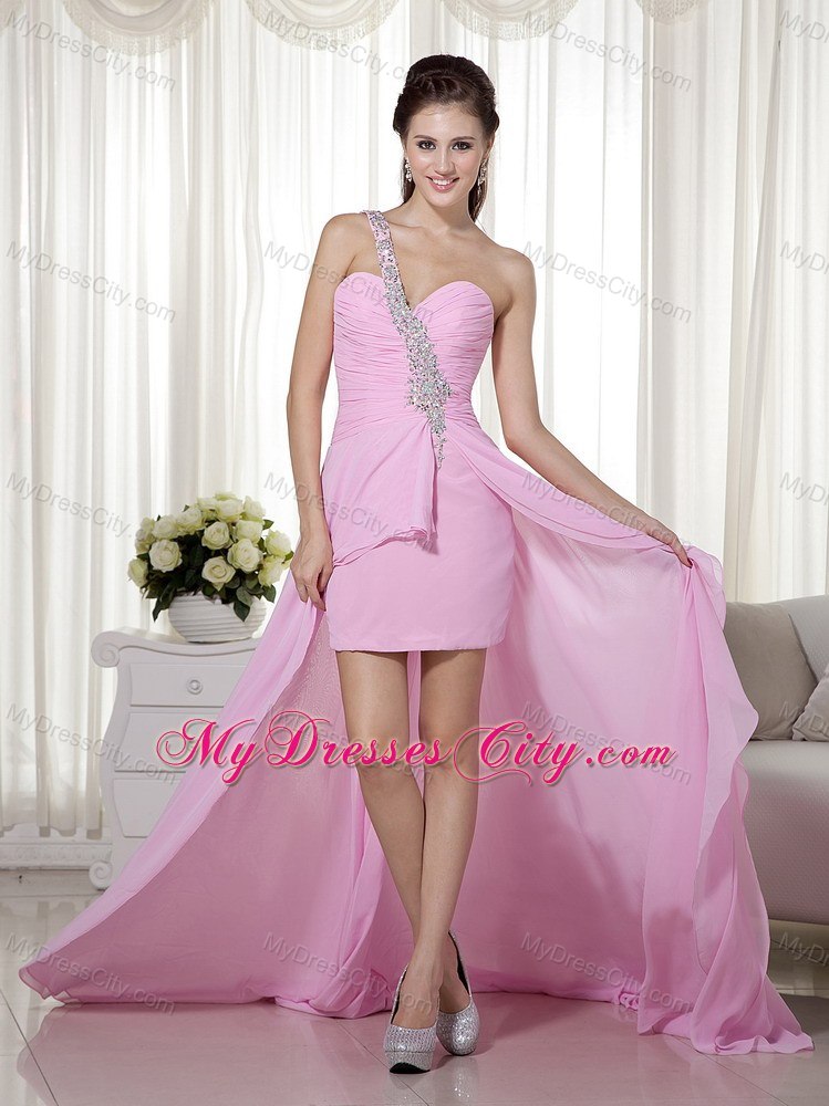 Pink One Shoulder Strap High-low Beaded Prom Dress Cool Back