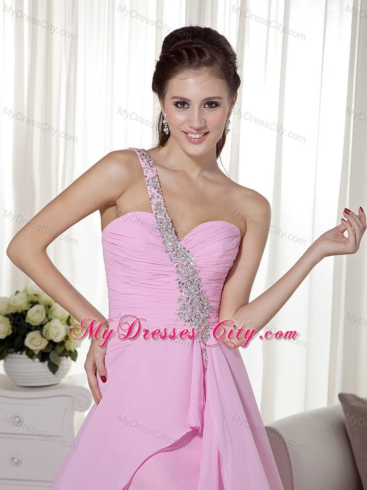 Pink One Shoulder Strap High-low Beaded Prom Dress Cool Back