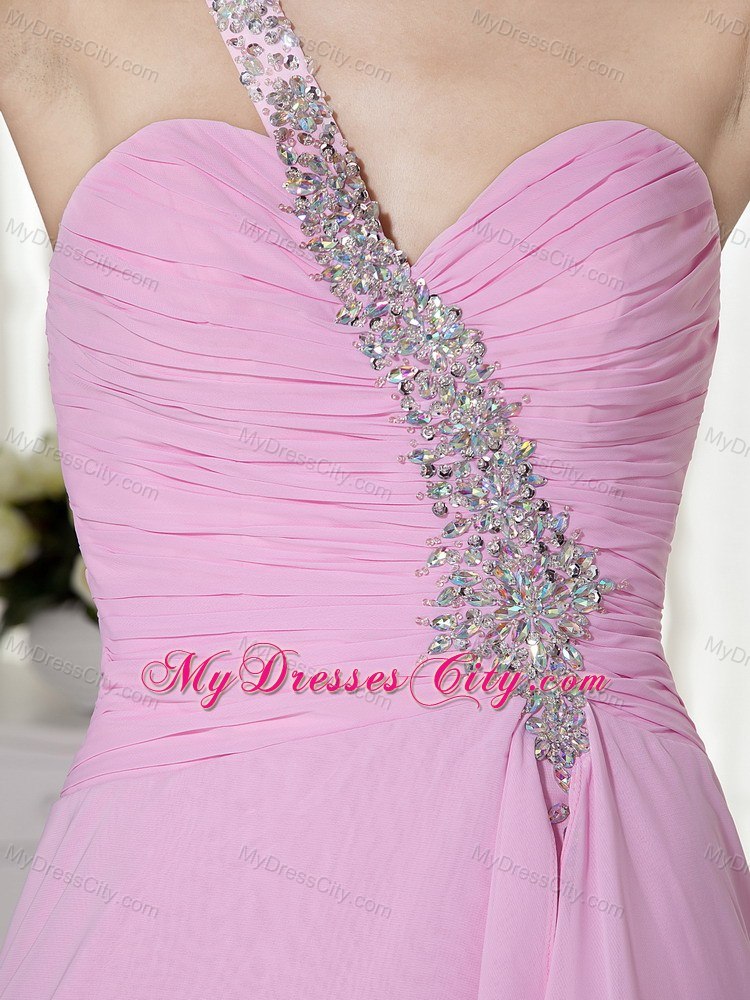 Pink One Shoulder Strap High-low Beaded Prom Dress Cool Back