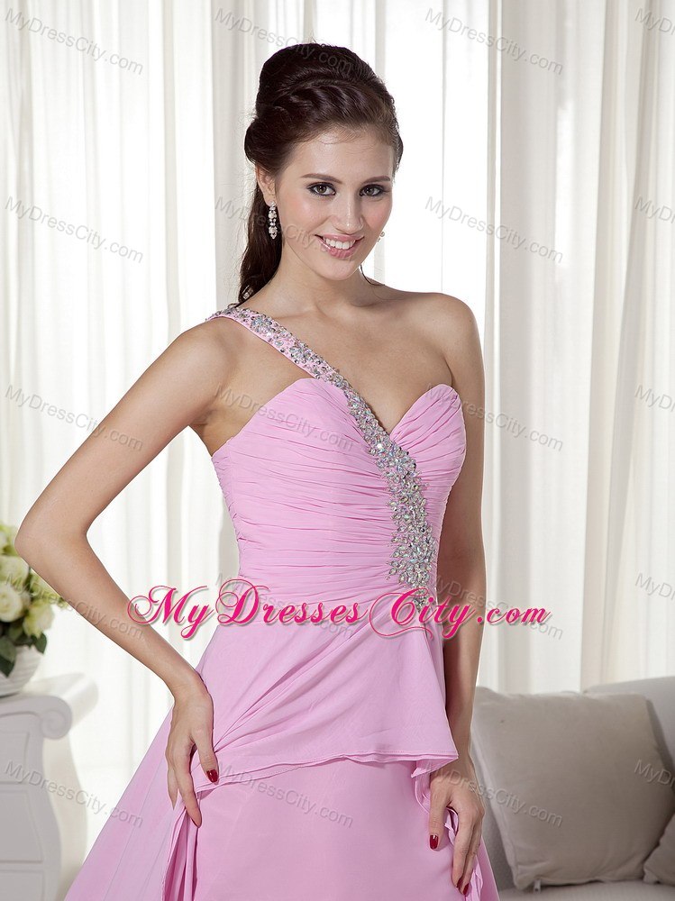 Pink One Shoulder Strap High-low Beaded Prom Dress Cool Back