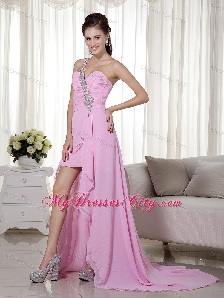 Pink One Shoulder Strap High-low Beaded Prom Dress Cool Back