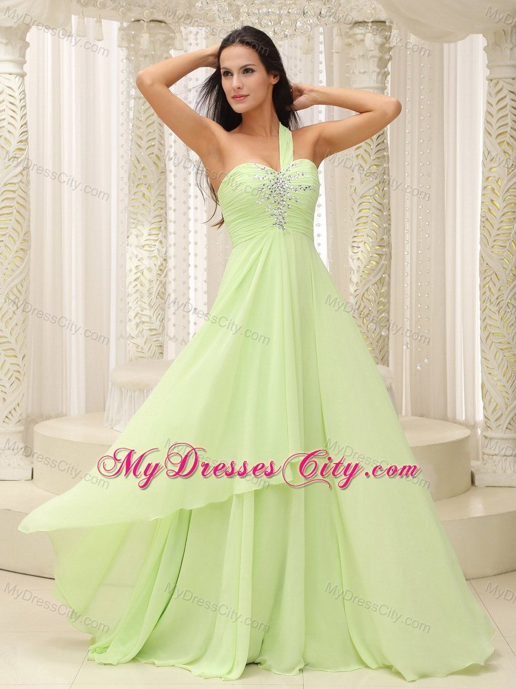 One Shoulder Ruched and Beaded Prom Dress Green with Back Out