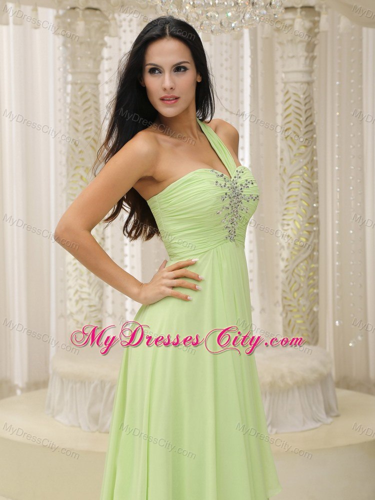 One Shoulder Ruched and Beaded Prom Dress Green with Back Out