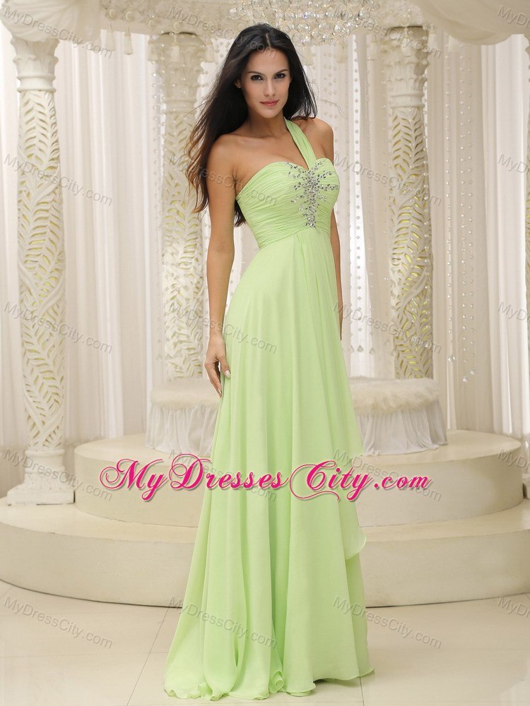 One Shoulder Ruched and Beaded Prom Dress Green with Back Out