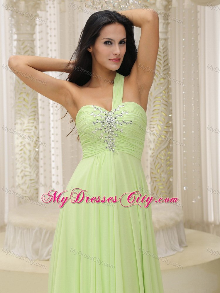 One Shoulder Ruched and Beaded Prom Dress Green with Back Out