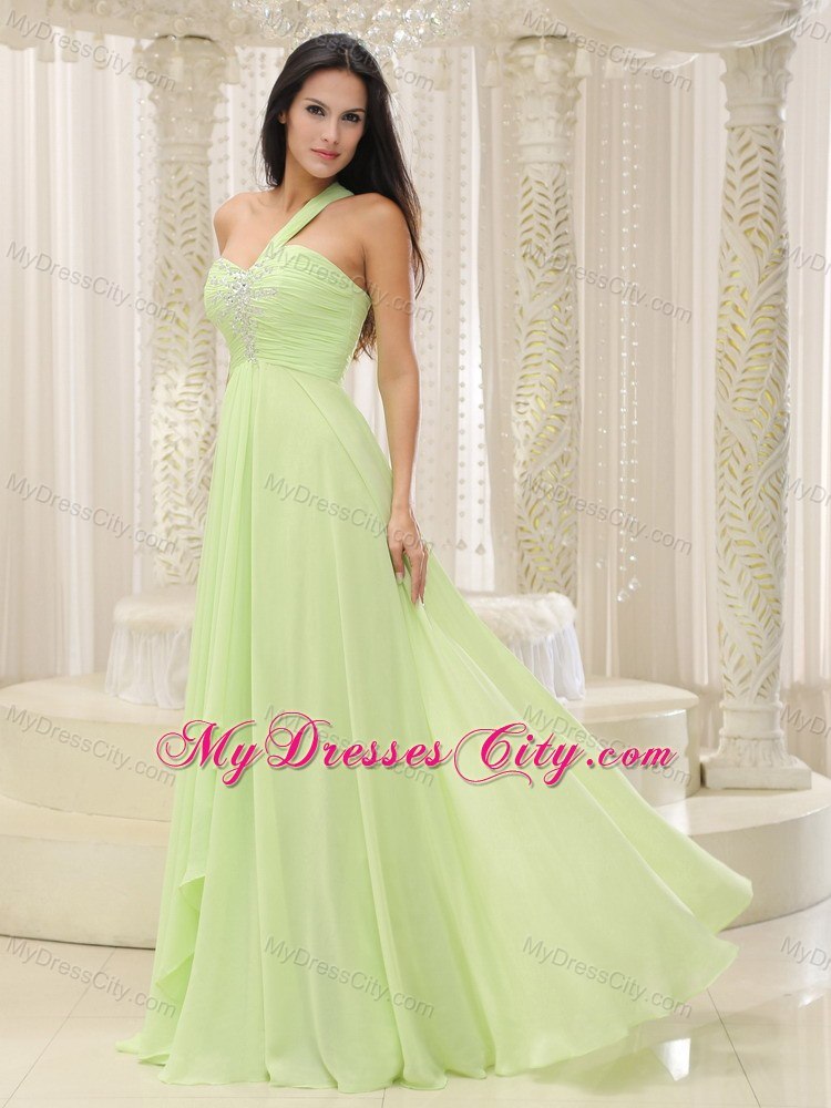 One Shoulder Ruched and Beaded Prom Dress Green with Back Out