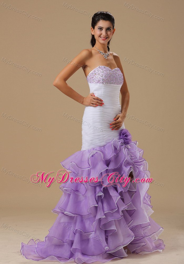 Light Purple Beaded Prom Dress Watteau Train and Ruffles Ruch