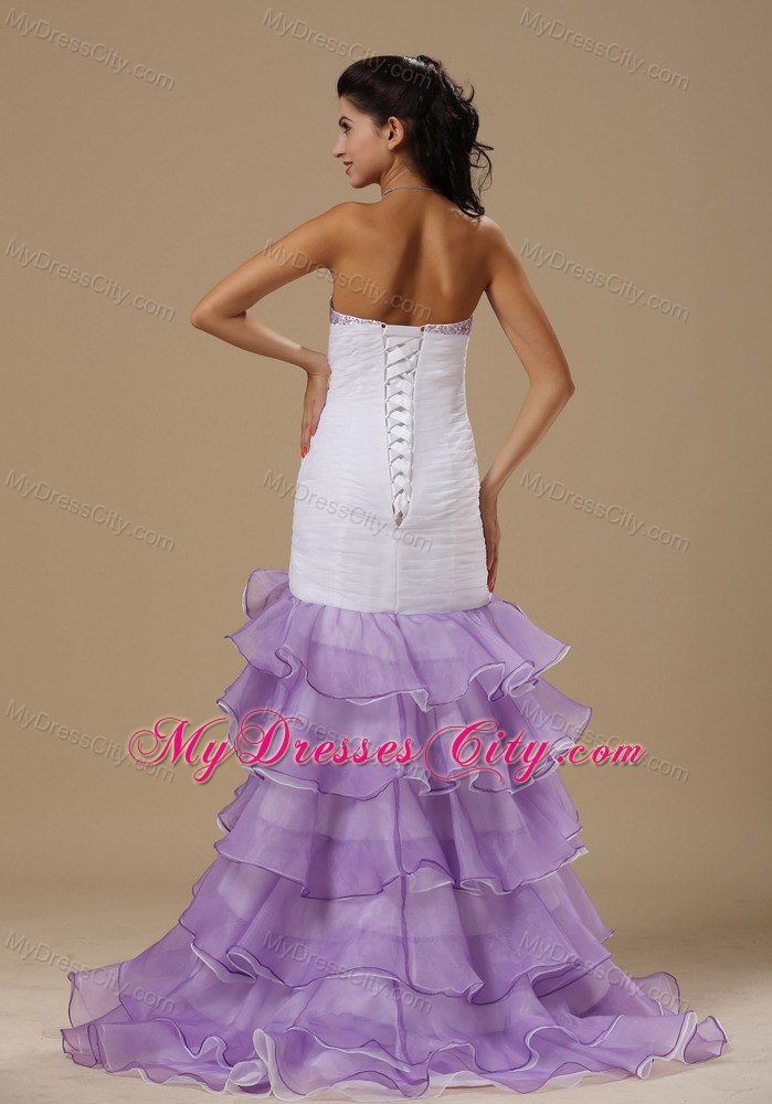 Light Purple Beaded Prom Dress Watteau Train and Ruffles Ruch