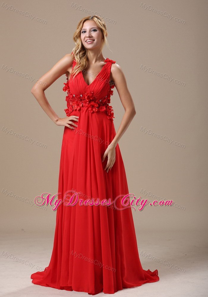 Ruched V-neck Red Chiffon Prom Dress Brush Train Flowery Back