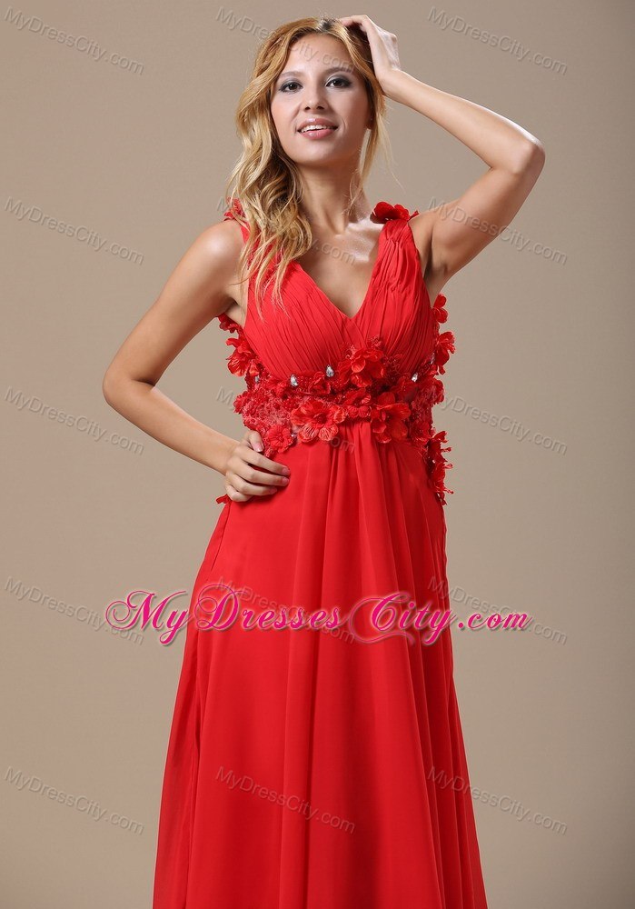 Ruched V-neck Red Chiffon Prom Dress Brush Train Flowery Back