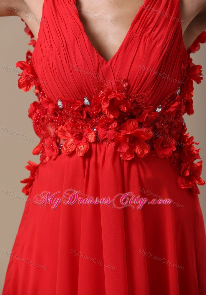 Ruched V-neck Red Chiffon Prom Dress Brush Train Flowery Back