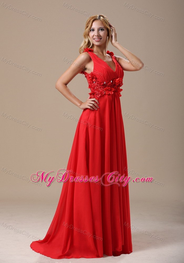 Ruched V-neck Red Chiffon Prom Dress Brush Train Flowery Back