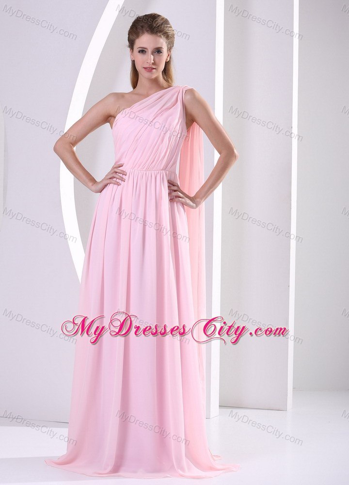 One Shoulder Watteau Train Ruched Bridesmaid Dress Baby Pink