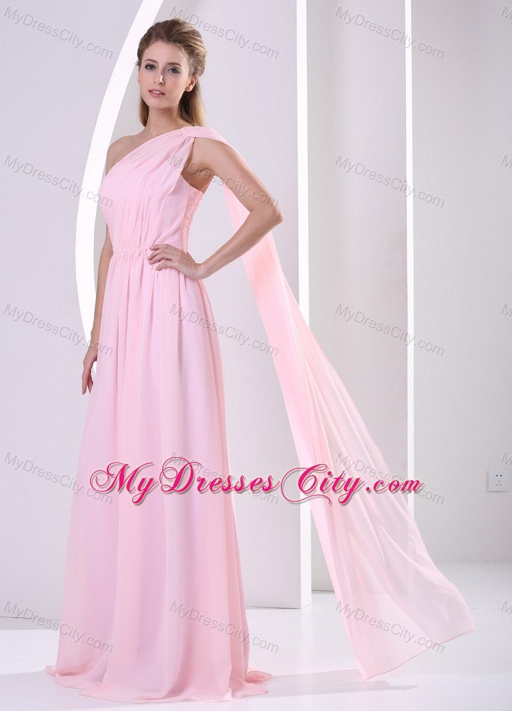 One Shoulder Watteau Train Ruched Bridesmaid Dress Baby Pink