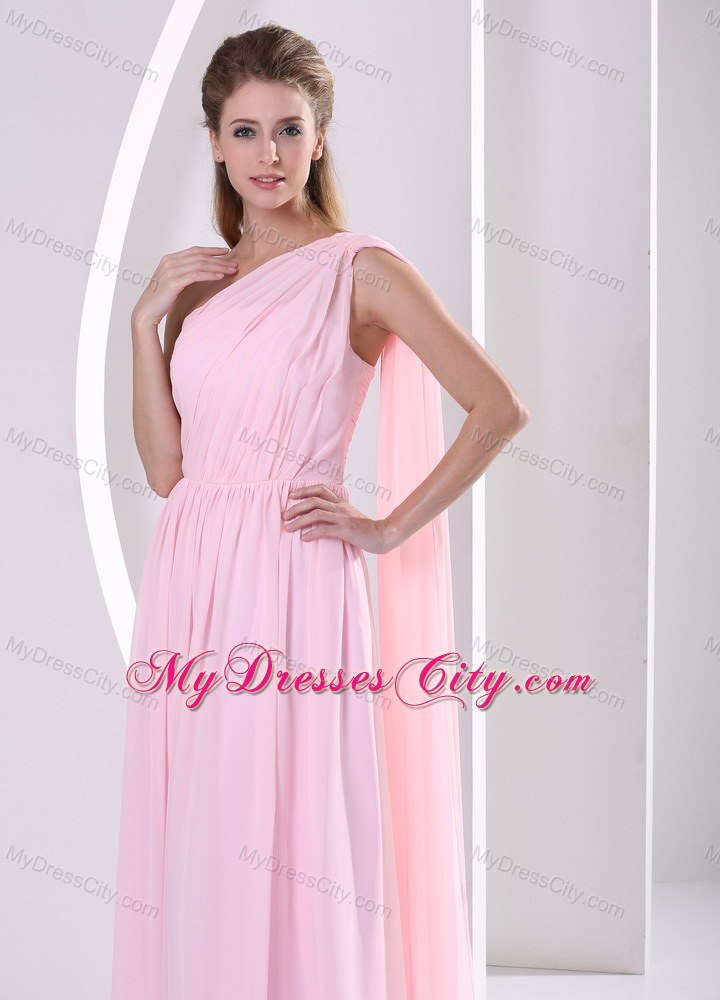 One Shoulder Watteau Train Ruched Bridesmaid Dress Baby Pink