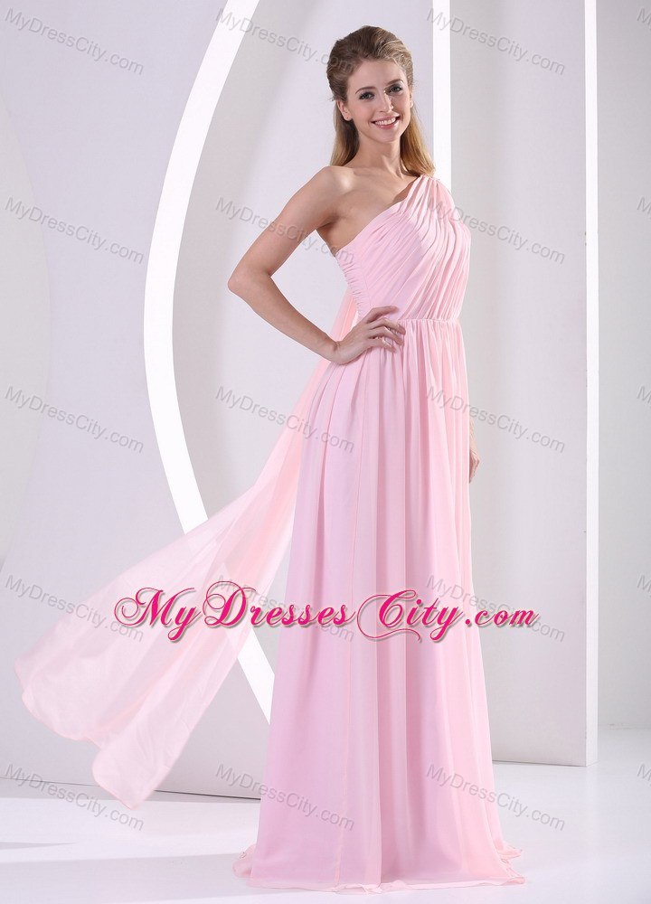 One Shoulder Watteau Train Ruched Bridesmaid Dress Baby Pink