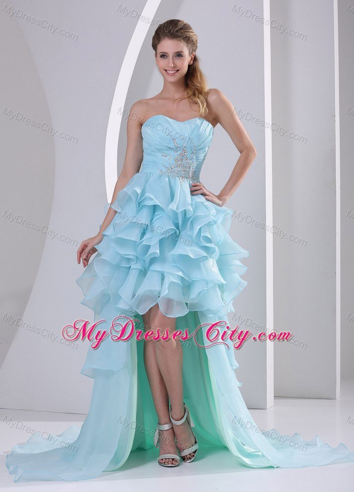 Light Blue High-low Prom Dress With Ruffles and Brush Train