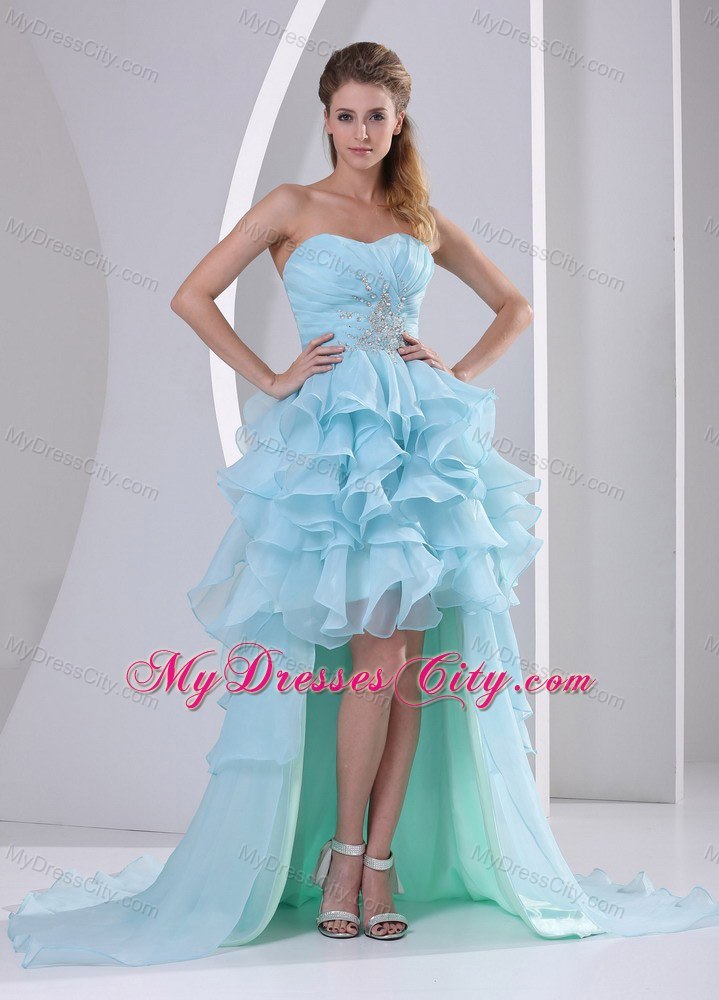 Light Blue High-low Prom Dress With Ruffles and Brush Train