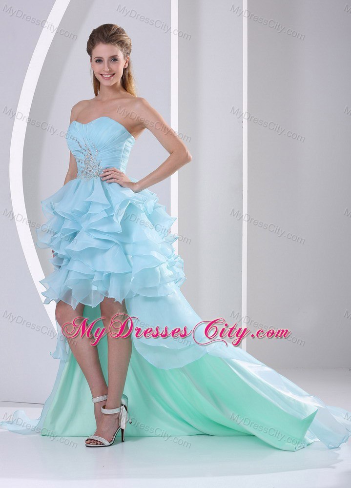 Light Blue High-low Prom Dress With Ruffles and Brush Train