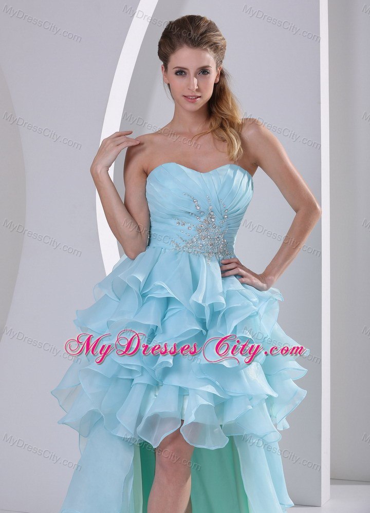 Light Blue High-low Prom Dress With Ruffles and Brush Train