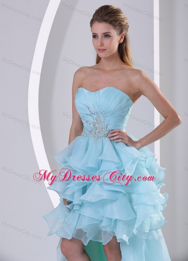 Light Blue High-low Prom Dress With Ruffles and Brush Train