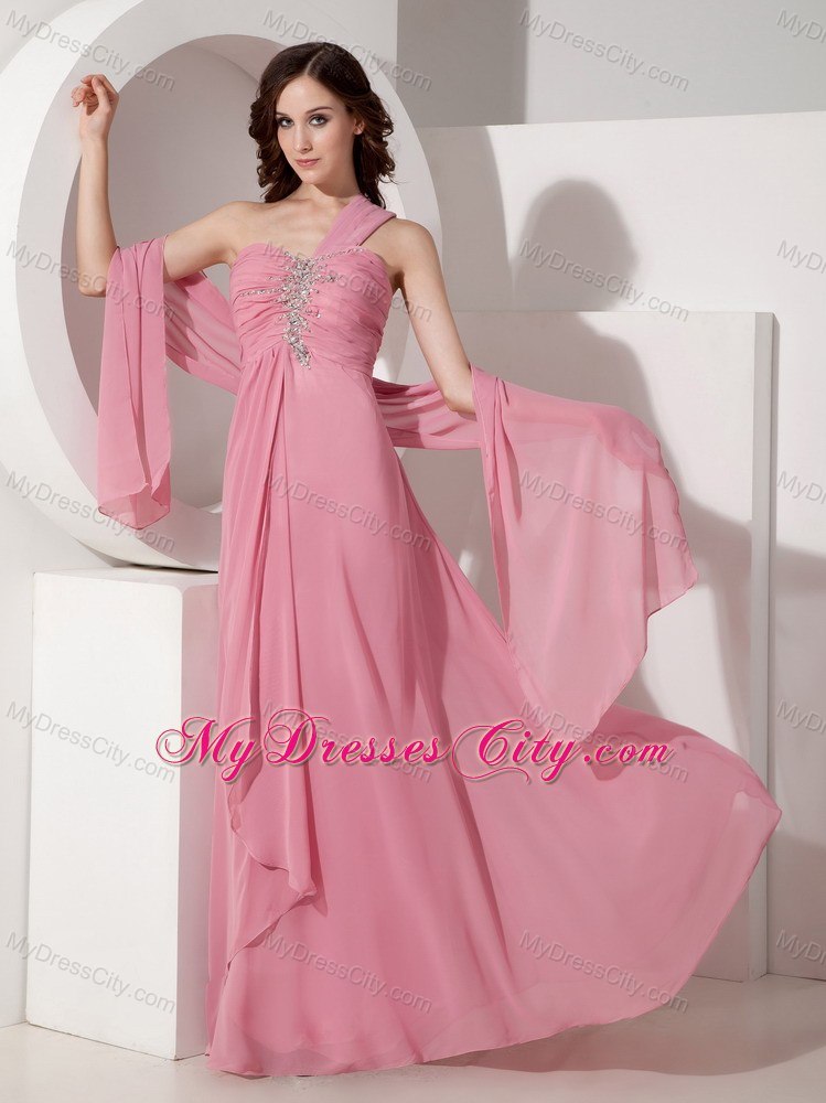 One Shoulder Strap Pink Prom Dress with Beading and Back Out