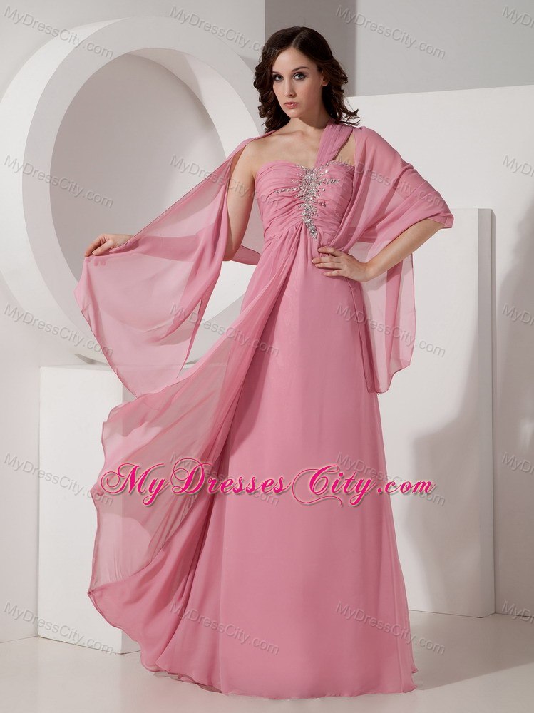 One Shoulder Strap Pink Prom Dress with Beading and Back Out