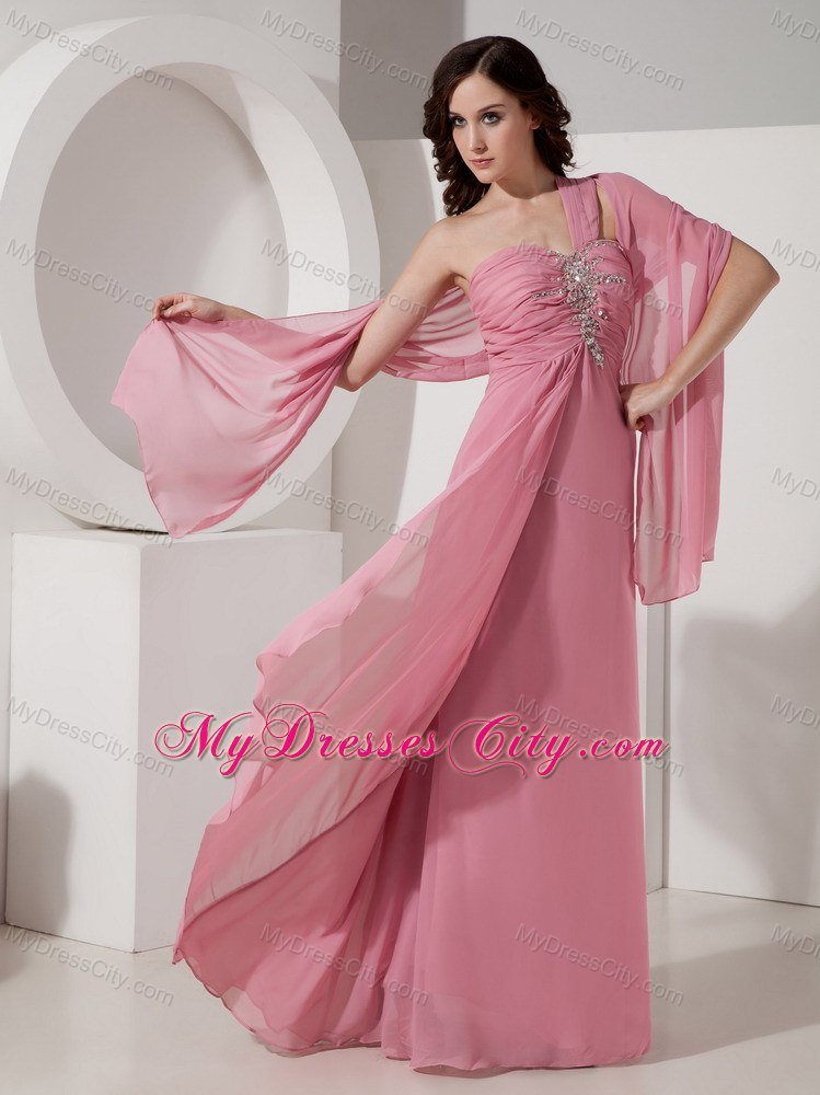 One Shoulder Strap Pink Prom Dress with Beading and Back Out