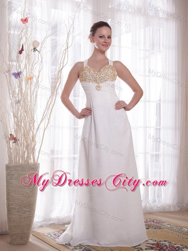 V-neck Brush Train Chiffon Beaded Crossed Back Prom Dress White