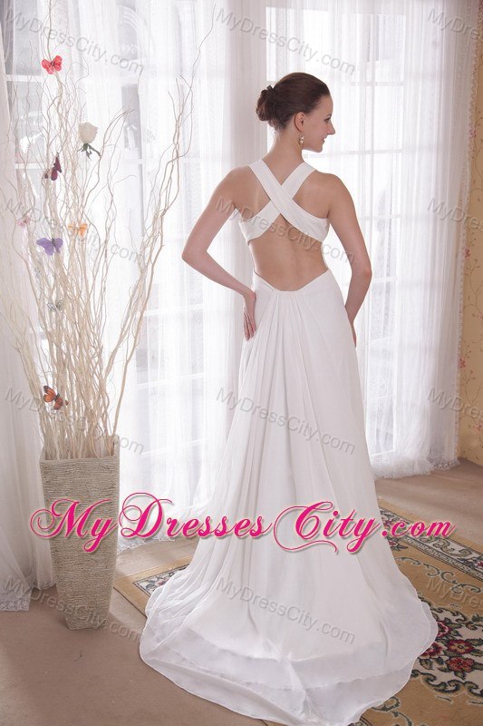 V-neck Brush Train Chiffon Beaded Crossed Back Prom Dress White