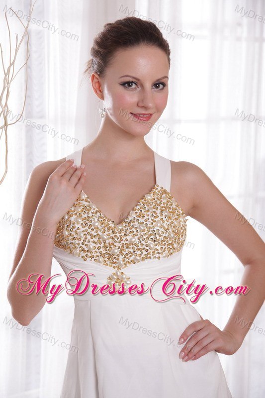 V-neck Brush Train Chiffon Beaded Crossed Back Prom Dress White