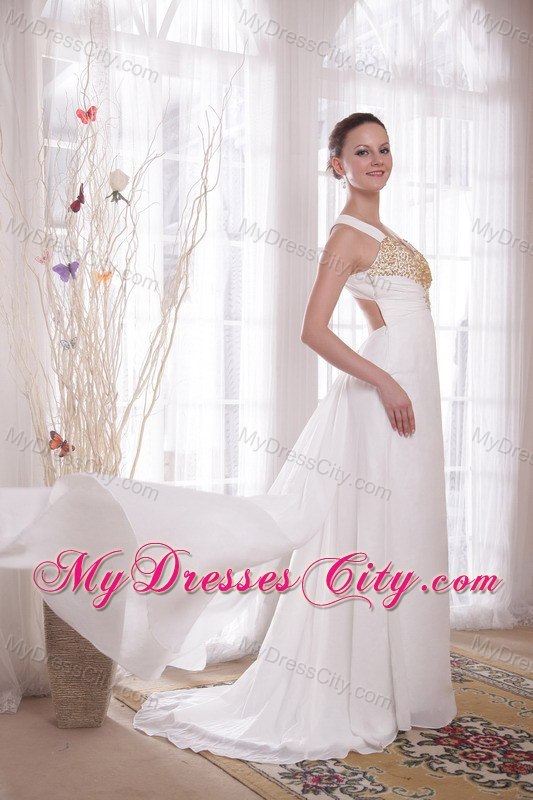 V-neck Brush Train Chiffon Beaded Crossed Back Prom Dress White