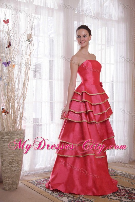 Coral Red A-line Strapless Floor-length Prom Dress with Ruffles