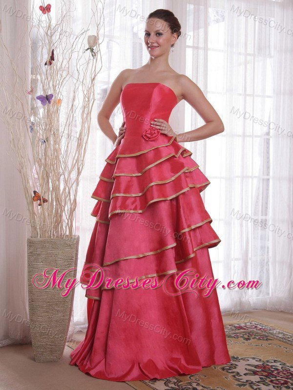 Coral Red A-line Strapless Floor-length Prom Dress with Ruffles