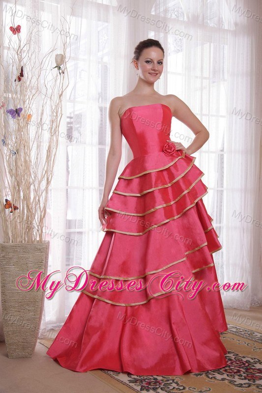 Coral Red A-line Strapless Floor-length Prom Dress with Ruffles