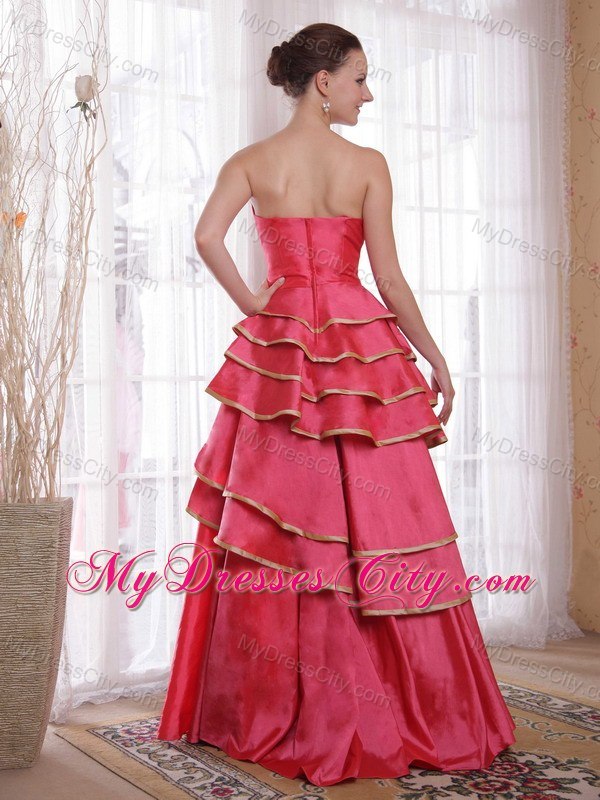 Coral Red A-line Strapless Floor-length Prom Dress with Ruffles