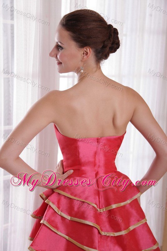 Coral Red A-line Strapless Floor-length Prom Dress with Ruffles