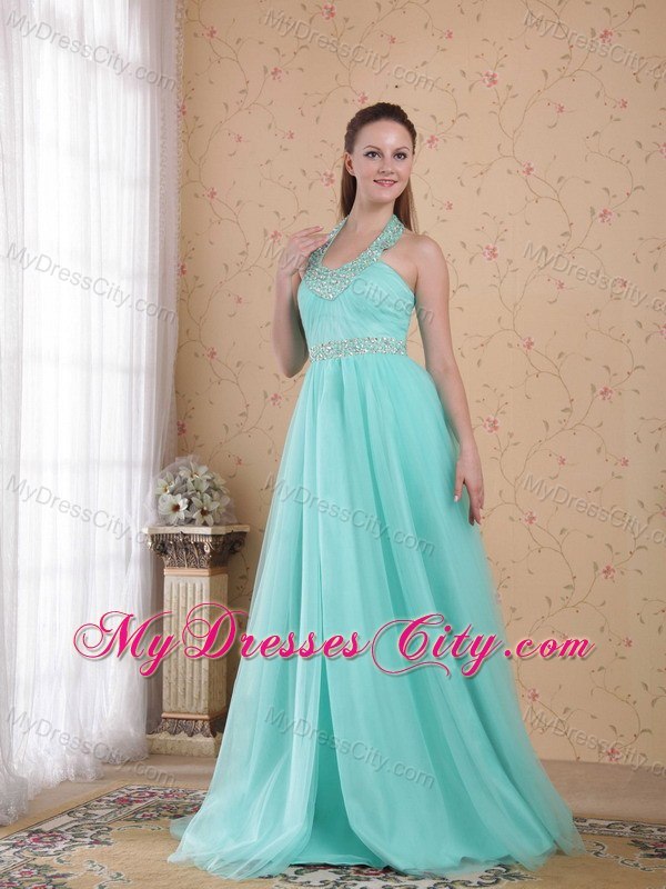 Light Blue Halter Floor-length Tulle Beaded Prom Dress Lace Back