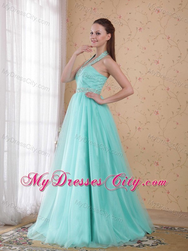 Light Blue Halter Floor-length Tulle Beaded Prom Dress Lace Back