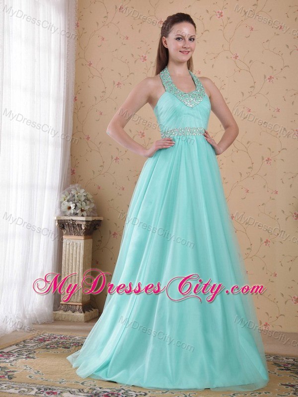 Light Blue Halter Floor-length Tulle Beaded Prom Dress Lace Back