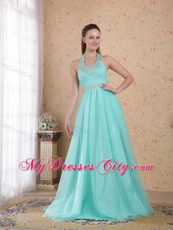 Light Blue Halter Floor-length Tulle Beaded Prom Dress Lace Back