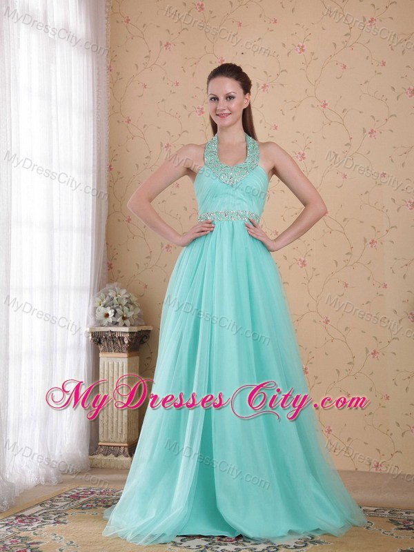 Light Blue Halter Floor-length Tulle Beaded Prom Dress Lace Back